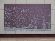 A SET OF FOUR 'ASKEW' PATTERN CHINOISERIE PANELS HAND PAINTED ON AN AMETHYST DYED SILK DUPPION