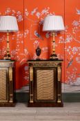 Y A PAIR OF REGENCY BRASS INLAID ROSEWOOD AND PARCEL GILT SIDE CABINETS, CIRCA 1815