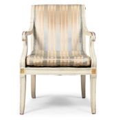 A GEORGE III WHITE PAINTED AND PARCEL GILT ARMCHAIR, IN THE MANNER OF HENRY HOLLAND, CIRCA 1810