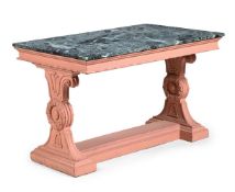 Y A CARVED AND SERPENTINE MARBLE MOUNTED CENTRE TABLE, CIRCA 1830 AND LATER PAINTED