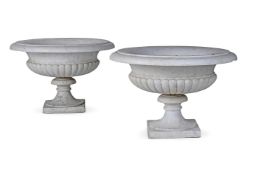 A LARGE PAIR OF WHITE MARBLE TAZZA URNS, ITALIAN, 19TH CENTURY