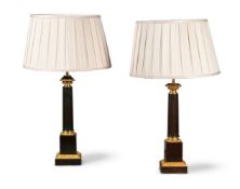A PAIR OF FRENCH GILT AND PATINATED BRONZE FLUTED COLUMN LAMP BASES, FIRST HALF OF THE 19TH CENTURY