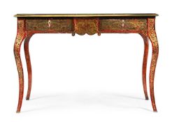Y A BRASS AND TORTOISESHELL 'BOULLE' MARQUETRY, AMBOYNA AND EBONY BUREAU PLAT OR WRITING TABLE