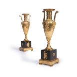 A PAIR OF FRENCH EMPIRE GILT AND PATINATED NEOCLASSICAL VASES, CIRCA 1810