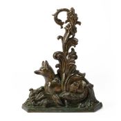 A BRONZE FOX AND FOLIAGE DOOR STOP OR DOOR PORTER, MID 19TH CENTURY