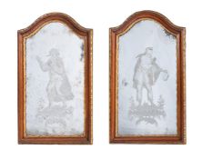 A PAIR OF VENETIAN WALNUT, PACEL GILT AND ETCHED GLASS MIRRORS, CIRCA 1780