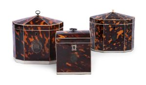 Y A GROUP OF THREE GEORGE III TORTOISESHELL TEA CADDIES, CIRCA 1780