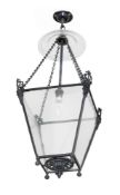 A BLACK PAINTED METAL HALL LANTERN, EARLY TO MID 19TH CENTURY