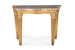 AN ITALIAN CARVED GILTWOOD SERPENTINE CONSOLE TABLE, LATE 18TH OR EARLY 19TH CENTURY