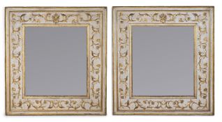 A LARGE PAIR OF CREAM PAINTED, PARCEL GILT AND GESSO MIRRORS, ITALIAN, LATE 19TH CENTURY