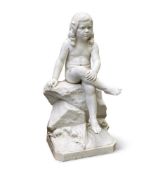 A LARGE MARBLE FIGURE OF A SEATED BOY, PROBABLY ITALIAN, 20TH CENTURY