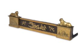 A FRENCH EMPIRE LACQUERED BRASS, AND GILT AND PATINATED BRONZE FENDER, EARLY 19TH CENTURY
