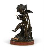 A GILT AND PATINATED BRONZE FIGURE OF THE SEATED CUPID, FRENCH, LATE 19TH CENTURY