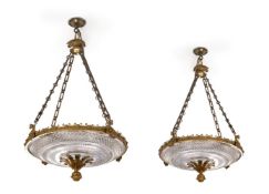TWO SIMILAR GILT BRASS MOUNTED CUT GLASS DISH LANTERNS OR PENDANT LIGHTS EARLY 19TH CENTURY With f