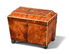 Y A REGENCY BLONDE TORTOISESHELL VENEERED TEA CADDY, OF SARCOPHAGUS FORM, EARLY 19TH CENTURY