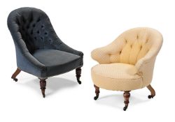 A MAHOGANY AND BUTTON UPHOLSTERED LOW ARMCHAIR, BY CHARLES HINDLEY & SONS, SECOND HALF 19TH CENTURY