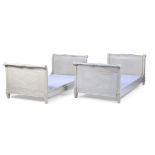A PAIR OF FRENCH BLUE PAINTED SINGLE SLEIGH BEDS, EARLY 20TH CENTURY