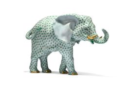 A HEREND GREEN SCALE AND PARCEL GILT PORCELAIN MODEL OF AN ELEPHANT, MODERN