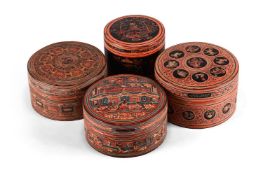 FOUR VARIOUS BURMESE LACQUERED BAMBOO BOXES AND COVERS, CIRCA 1900