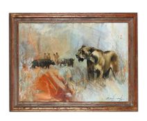 λ EMILY LAMB (BRITISH 20TH/21ST CENTURY), LIONESS IN A LANDSCAPE WITH FIGURES