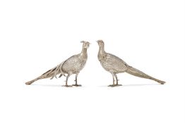 A PAIR OF SPANISH SILVER COLOURED MODELS OF PHEASANTS