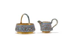 A RUSSIAN PARCEL GILT AND CLOISONNÉ ENAMEL SUGAR BOWL AND CREAM JUG