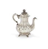 Y A WILLIAM IV SILVER LOBED BALUSTER COFFEE POT