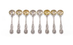 A SET OF EIGHT GEORGE IV SILVER STAG HUNT PATTERN MUSTARD SPOONS