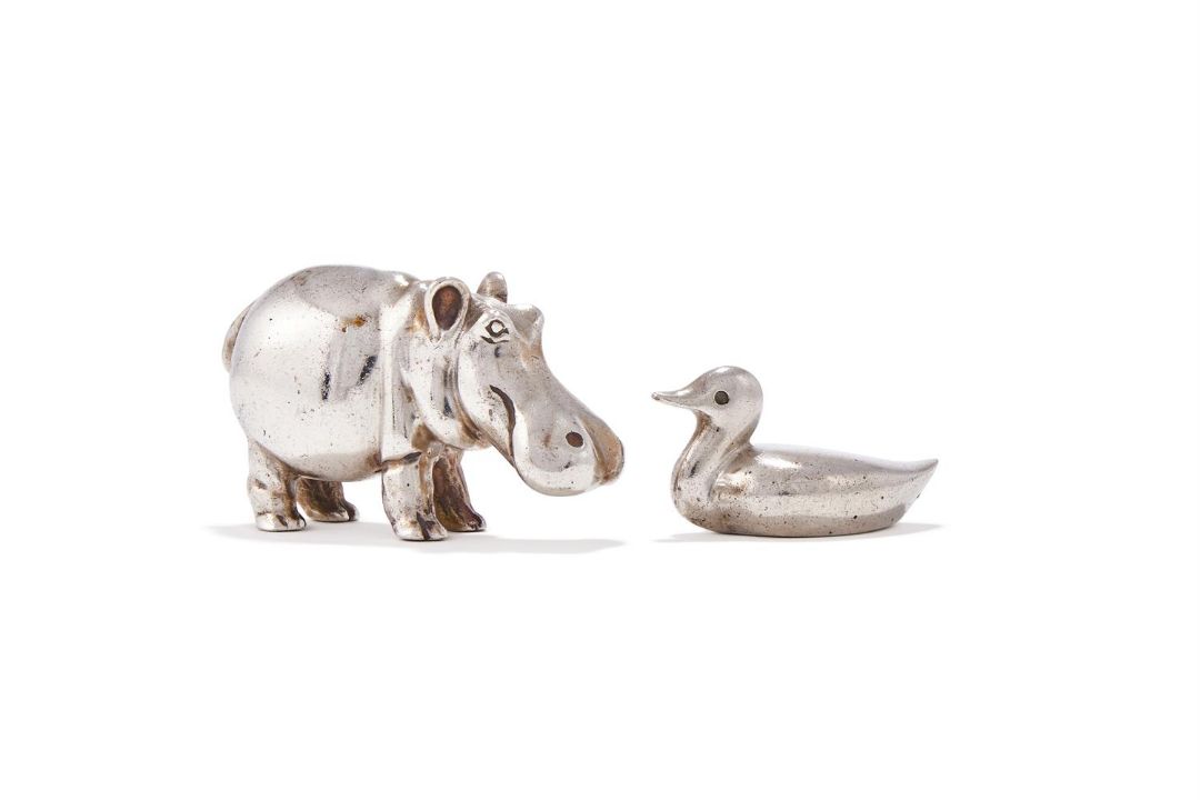 AN AMERICAN SILVER MODEL OF A HIPPO AND A DUCK - Image 1 of 3