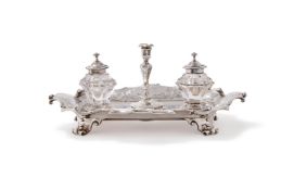 A VICTORIAN SILVER SHAPED OBLONG INKSTAND
