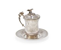 A TURKISH SILVER CUP, COVER AND SAUCER