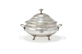 A SOUTH AMERICAN SILVER COLOURED OVAL TUREEN AND COVER