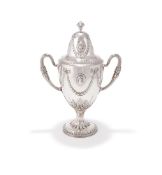 A GEORGE III IRISH SILVER TWIN HANDLED PEDESTAL CUP AND COVER
