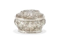 A GERMAN SILVER OVAL LOBED BALUSTER SUGAR BOX