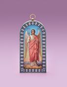 A RUSSIAN ICON OF THE GUARDIAN ANGEL IN A CLOISONNÉ ENAMEL FRAME