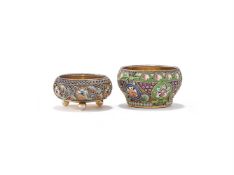 A RUSSIAN PARCEL GILT AND CLOISONNÉ ENAMEL SALT CELLAR