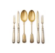 A SET OF TWELVE SILVER GILT SHELL AND THREAD DESSERT SPOONS, FRUIT KNIVES AND FORKS