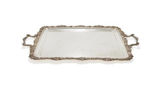 AN EGYPTIAN SILVER COLOURED TWIN HANDLED TRAY