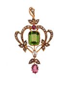 AN EDWARDIAN PERIDOT, PINK TOURMALINE AND HALF PEARL PENDANT