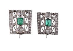 TWO EMERALD AND DIAMOND BROOCHES