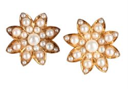 A PAIR OF EARLY 20TH CENTURY AND LATER HALF PEARL FLOWERHEAD EARRINGS