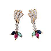 A PAIR OF DIAMOND AND COLOURED GEM STONE EARRINGS