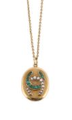 A VICTORIAN HALF PEARL AND TURQUOISE DOUBLE HORSESHOE LOCKET PENDANT