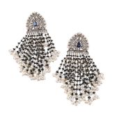A PAIR OF SAPPHIRE, DIAMOND AND FRESHWATER CULTURED PEARL FRINGE EARRINGS