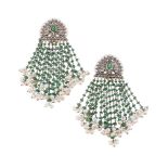 A PAIR OF EMERALD, DIAMOND AND FRESHWATER CULTURED PEARL FRINGE EARRINGS