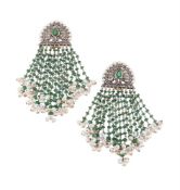 A PAIR OF EMERALD, DIAMOND AND FRESHWATER CULTURED PEARL FRINGE EARRINGS