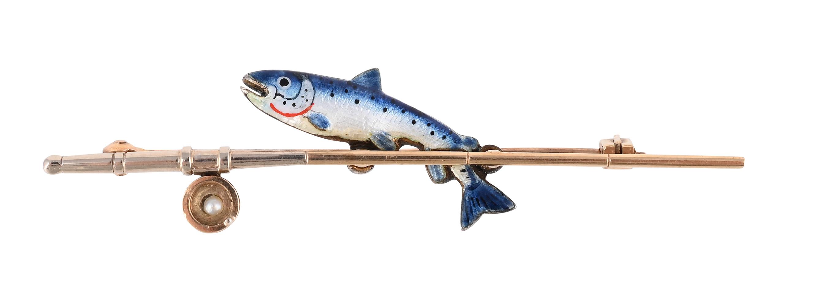ALABASTER & WILSON, A MID 20TH CENTURY FISHING ROD AND LEAPING SALMON BROOCH