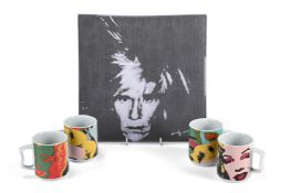 ANDY WARHOL (AMERICAN, 1928-1987), SQUARE GLASS PICTORIAL AND FOUR MUGS; CIRCA 1985