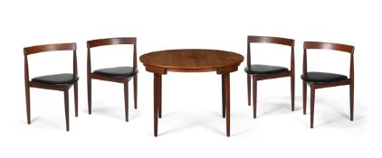 HANS OLSEN (DANISH, 1919-1992), A CIRCULAR DINING TABLE AND FOUR CHAIRS; MID-20TH CENTURY