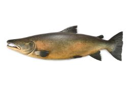 A CARVED AND POLYCHROME PAINTED SOFTWOOD MODEL OF A SALMON, 20TH CENTURY